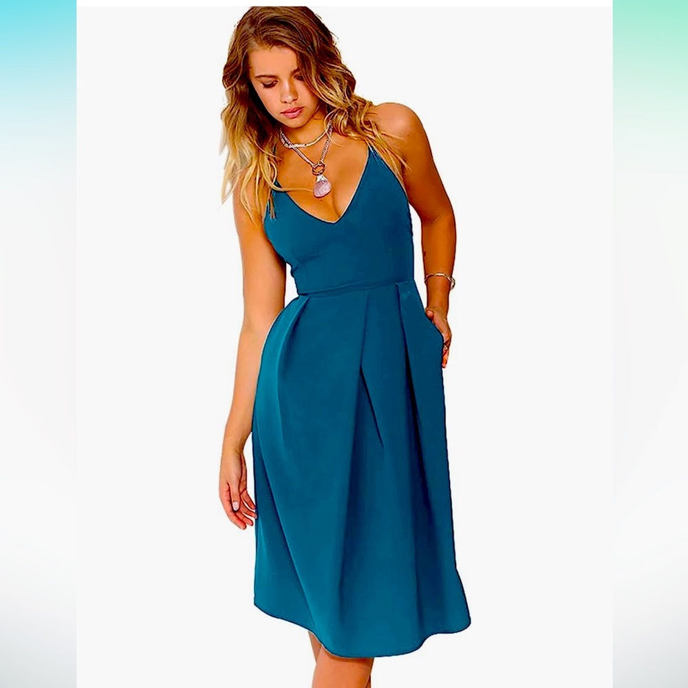V Neck Sexy Adjustable Spaghetti Straps Dress Sleeveless Backless w/ Pockets